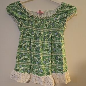 Green Paisley Boho Peasant Top with Eyelet Hem